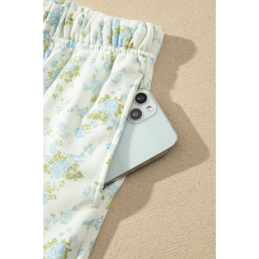 Sky Blue Floral Print Long Sleeve Top Drawstring Wide Leg Pants Set Two Piece Sets/Pant Sets