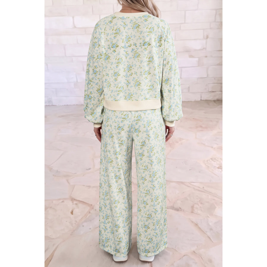 Sky Blue Floral Print Long Sleeve Top Drawstring Wide Leg Pants Set / S Two Piece Sets/Pant Sets