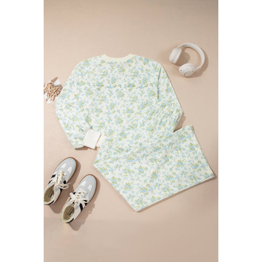 Sky Blue Floral Print Long Sleeve Top Drawstring Wide Leg Pants Set Two Piece Sets/Pant Sets