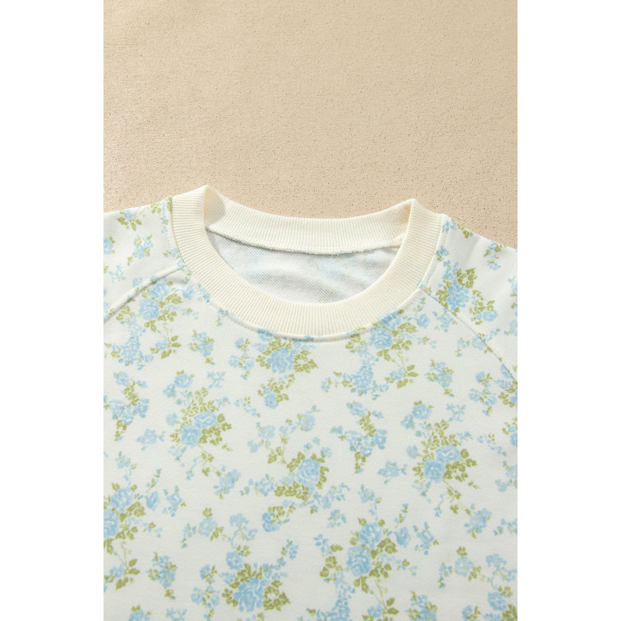 Sky Blue Floral Print Long Sleeve Top Drawstring Wide Leg Pants Set Two Piece Sets/Pant Sets