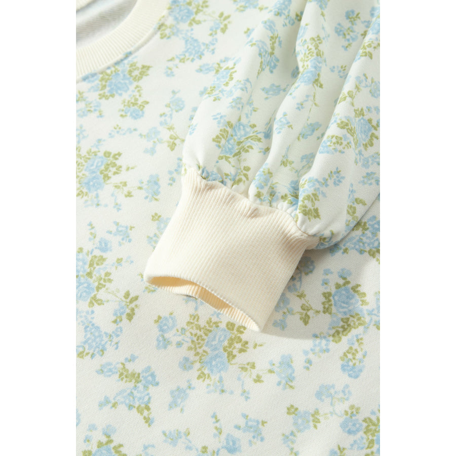 Sky Blue Floral Print Long Sleeve Top Drawstring Wide Leg Pants Set Two Piece Sets/Pant Sets