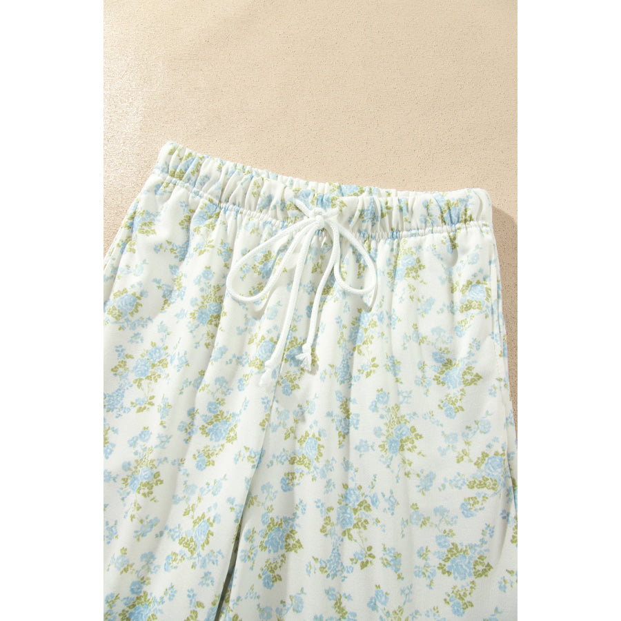 Sky Blue Floral Print Long Sleeve Top Drawstring Wide Leg Pants Set Two Piece Sets/Pant Sets