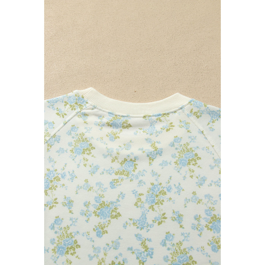 Sky Blue Floral Print Long Sleeve Top Drawstring Wide Leg Pants Set Two Piece Sets/Pant Sets