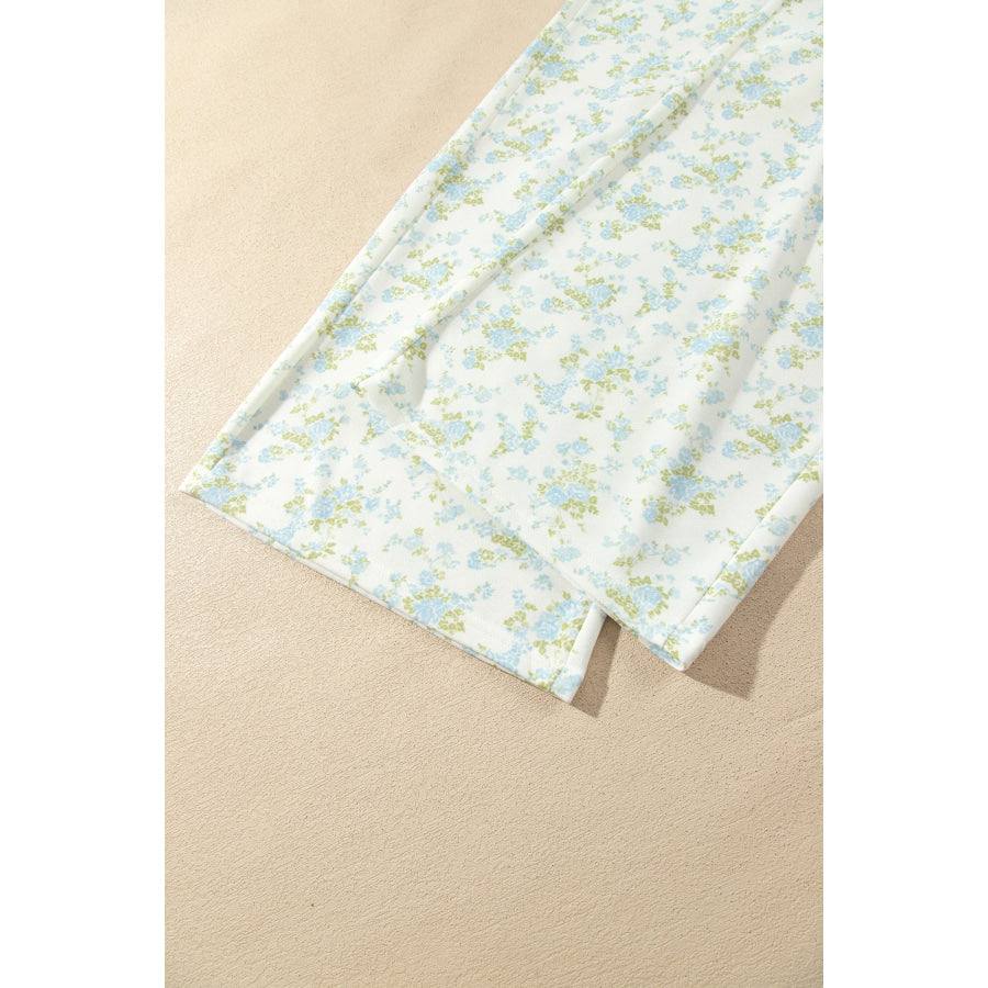 Sky Blue Floral Print Long Sleeve Top Drawstring Wide Leg Pants Set Two Piece Sets/Pant Sets