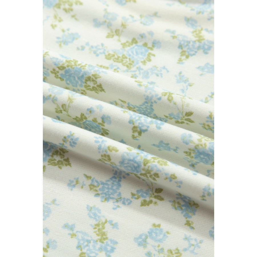 Sky Blue Floral Print Long Sleeve Top Drawstring Wide Leg Pants Set Two Piece Sets/Pant Sets