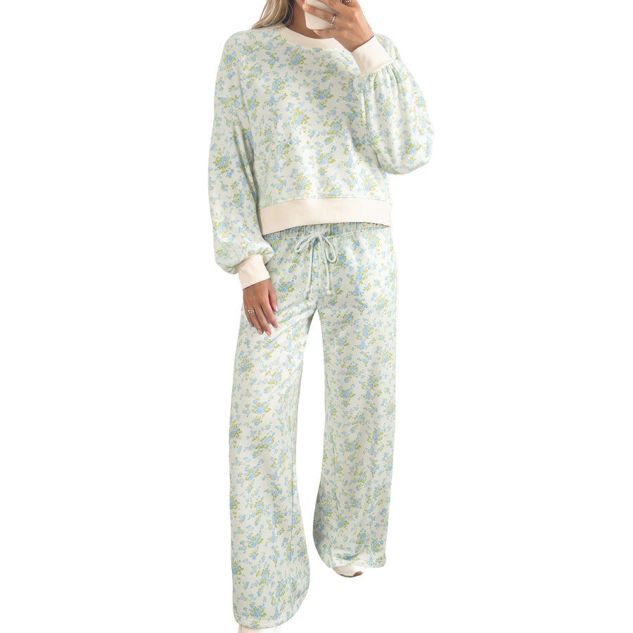 Sky Blue Floral Print Long Sleeve Top Drawstring Wide Leg Pants Set Two Piece Sets/Pant Sets