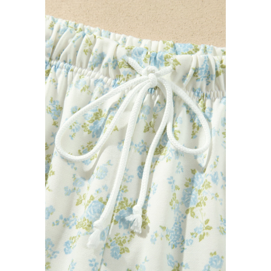 Sky Blue Floral Print Long Sleeve Top Drawstring Wide Leg Pants Set Two Piece Sets/Pant Sets