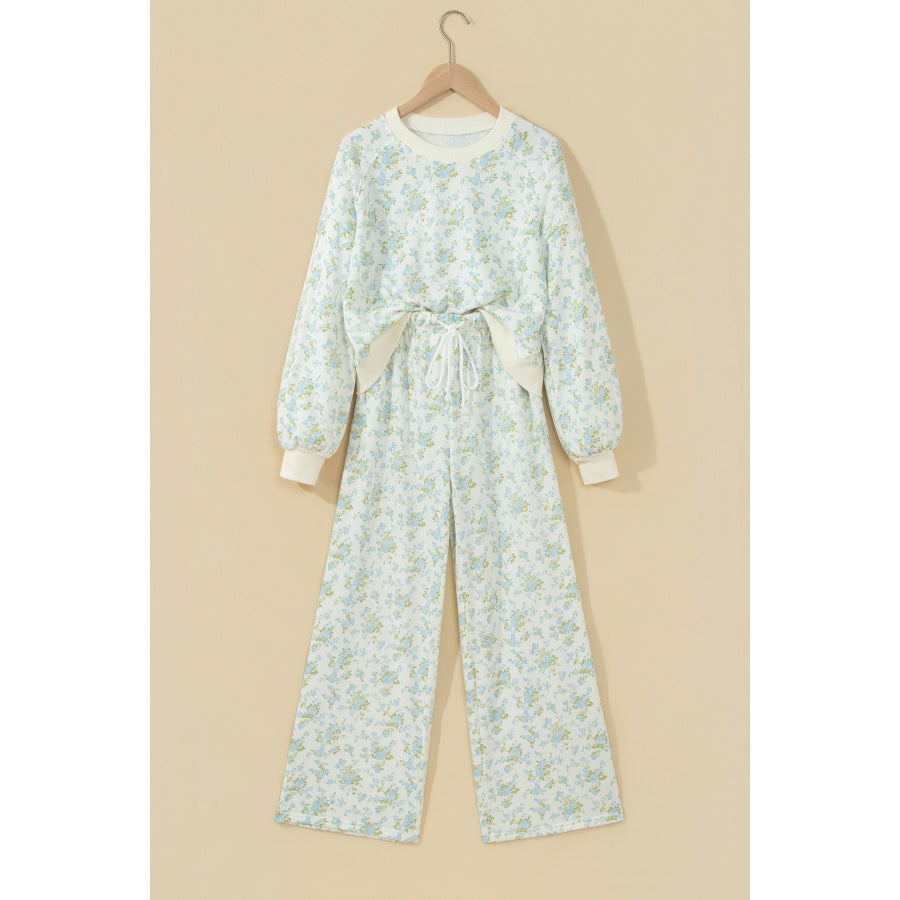 Sky Blue Floral Print Long Sleeve Top Drawstring Wide Leg Pants Set Two Piece Sets/Pant Sets