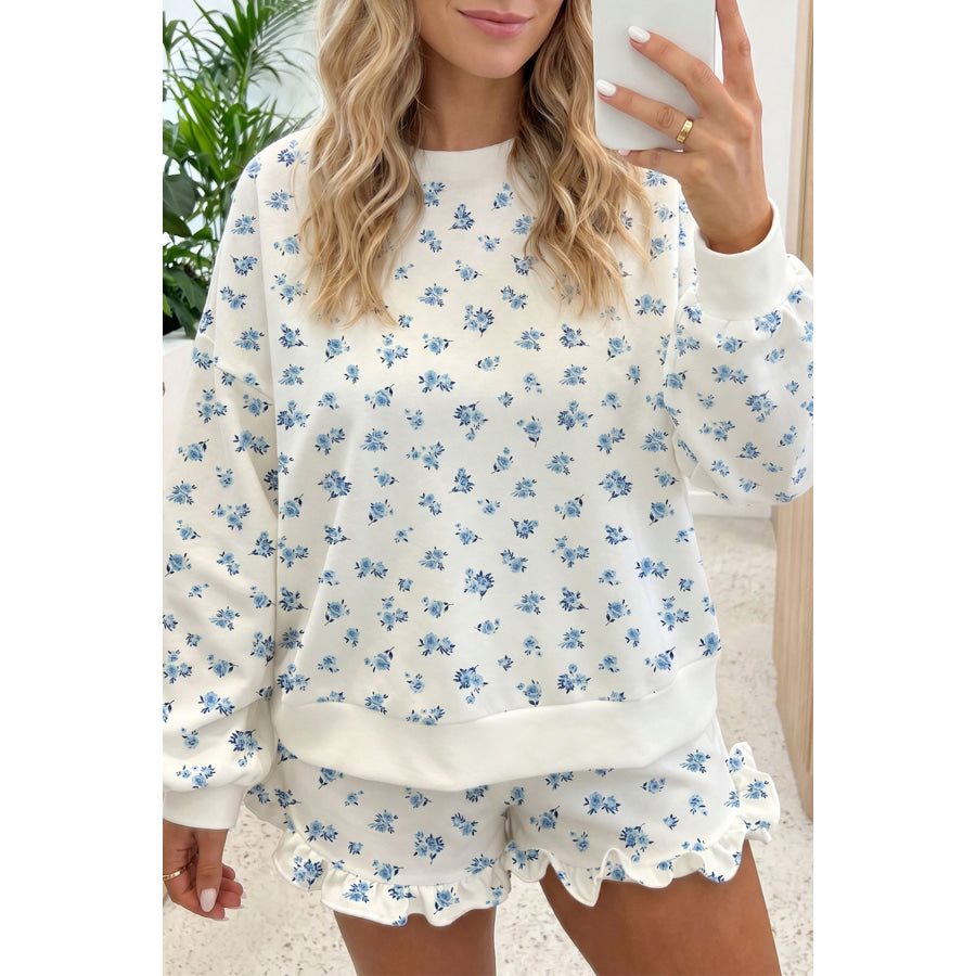 Sky Blue Floral Print Long Sleeve Top Elastic Waist Ruffle Hem Shorts 2pcs Set Sky Blue / S Two Piece Sets/Short Sets