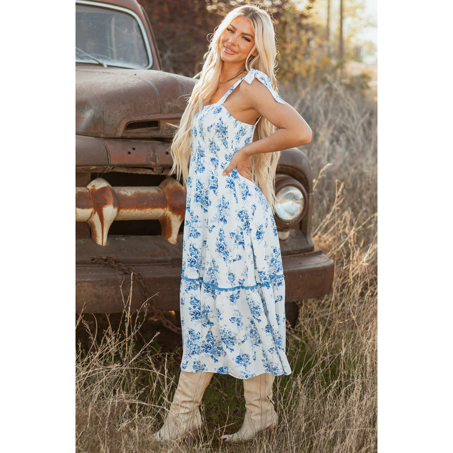 Sky Blue Floral Print Shirred Knot Shoulder Sleeveless Long Dress Dresses/Floral Dresses