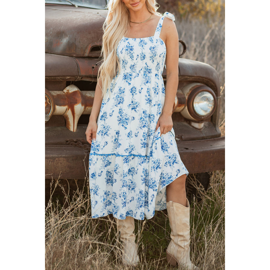 Sky Blue Floral Print Shirred Knot Shoulder Sleeveless Long Dress Dresses/Floral Dresses