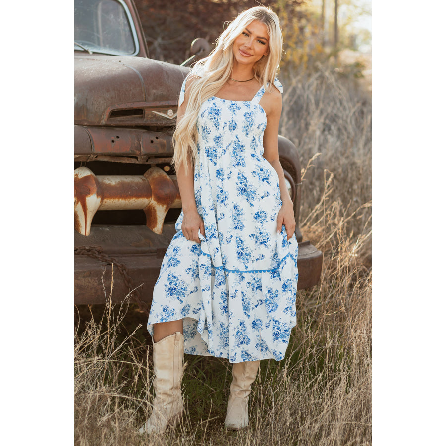 Sky Blue Floral Print Shirred Knot Shoulder Sleeveless Long Dress Dresses/Floral Dresses