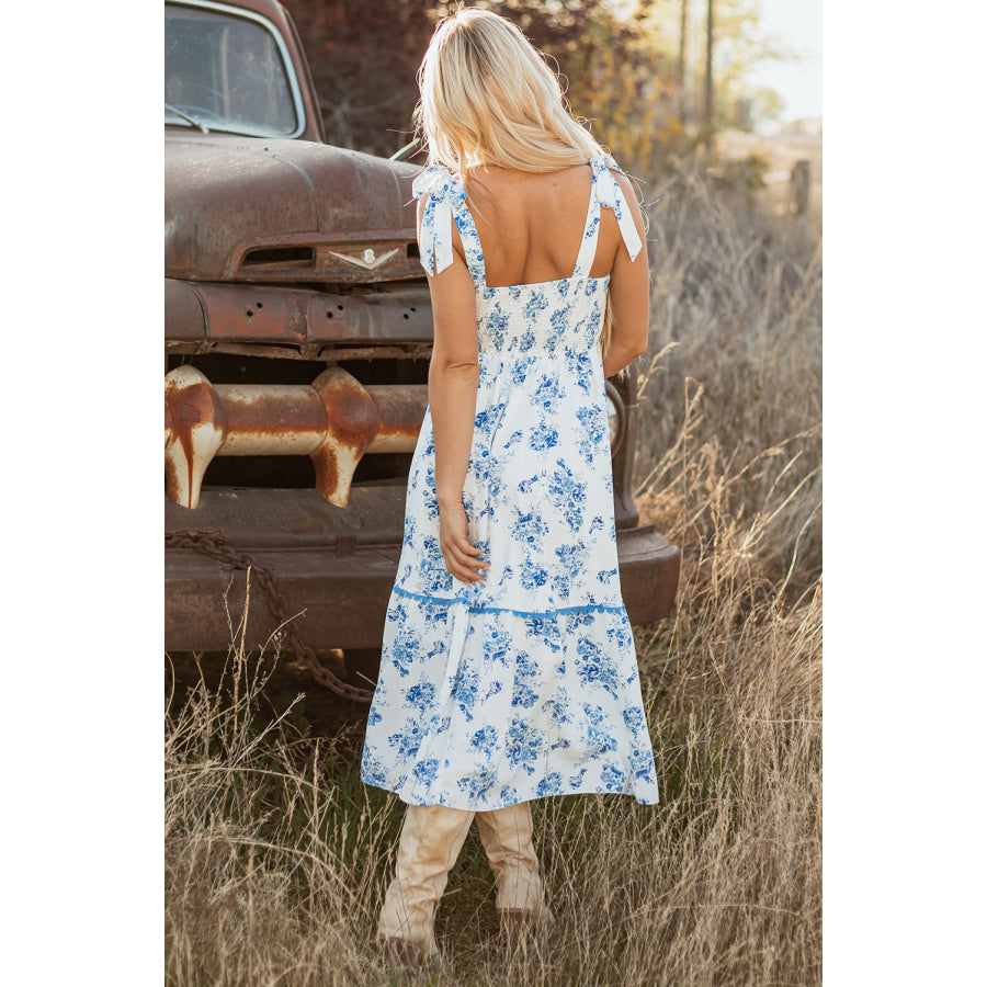 Sky Blue Floral Print Shirred Knot Shoulder Sleeveless Long Dress Dresses/Floral Dresses