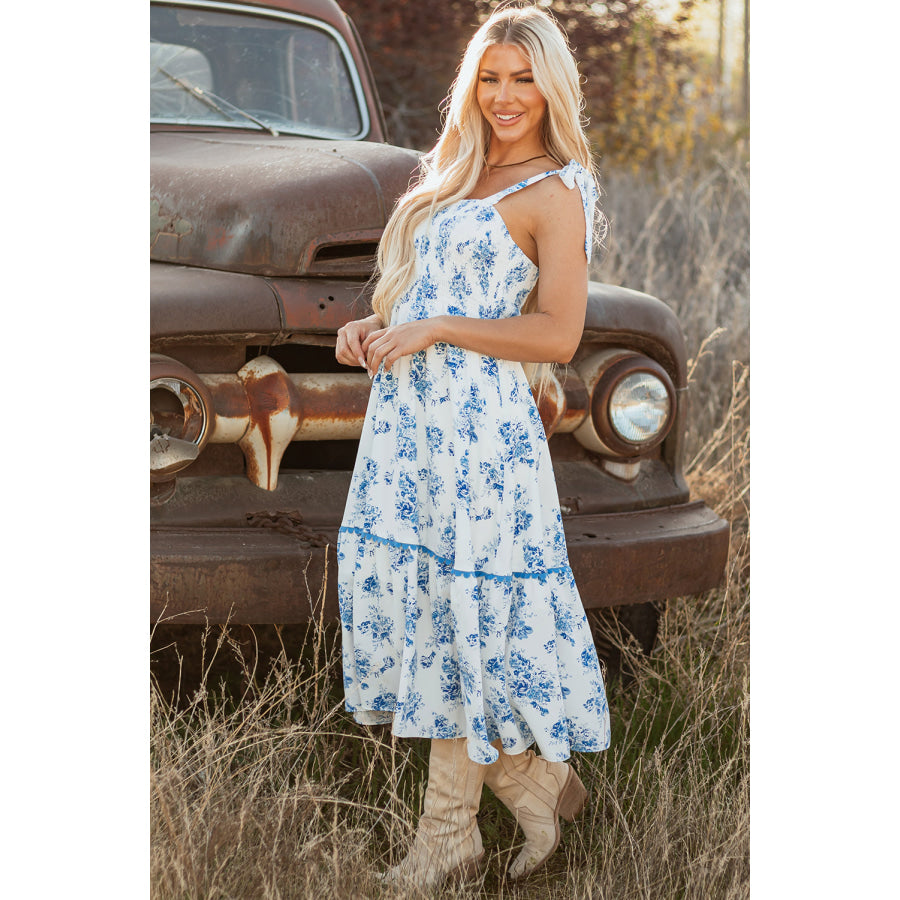 Sky Blue Floral Print Shirred Knot Shoulder Sleeveless Long Dress Dresses/Floral Dresses