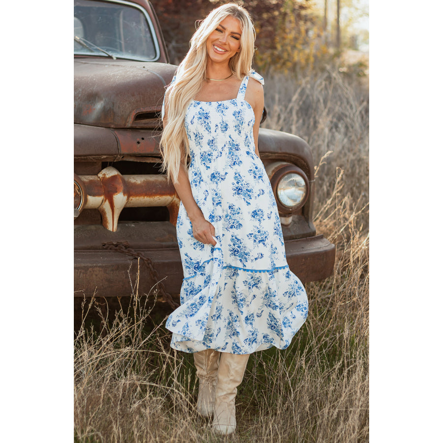 Sky Blue Floral Print Shirred Knot Shoulder Sleeveless Long Dress Dresses/Floral Dresses