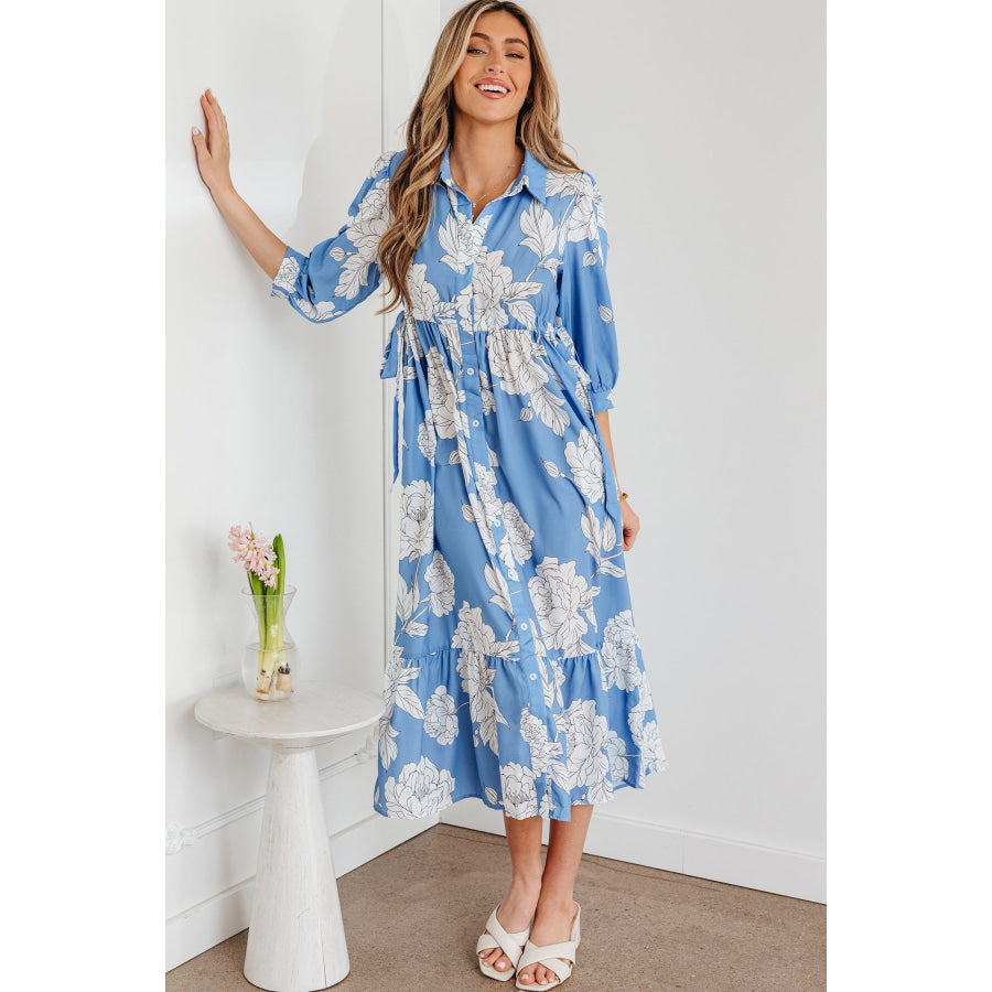Sky Blue Floral Print Shirt Collar Button Down 3/4 Sleeve Ruffle Hem Long Dress Dresses/Floral Dresses