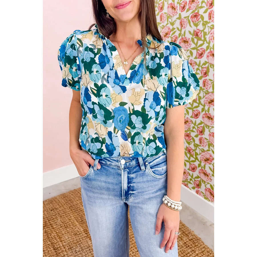 Sky Blue Floral Print Short Puff Sleeve V Neck Blouse Sky Blue / S / 55% Cotton + 45% Viscose Tops/Blouses & Shirts