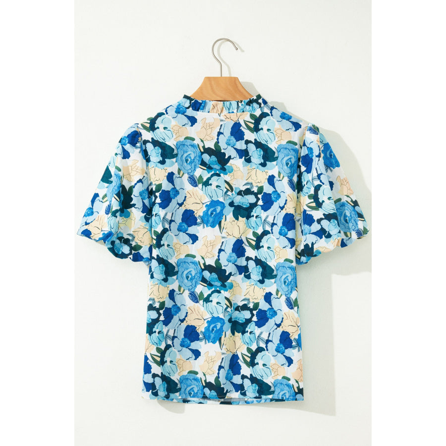 Sky Blue Floral Print Short Puff Sleeve V Neck Blouse Tops/Blouses & Shirts