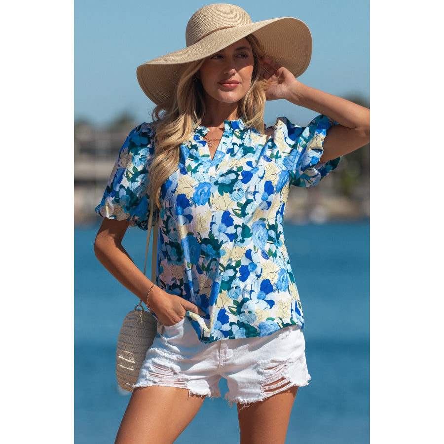 Sky Blue Floral Print Short Puff Sleeve V Neck Blouse Tops/Blouses & Shirts