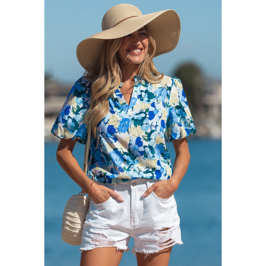 Sky Blue Floral Print Short Puff Sleeve V Neck Blouse Tops/Blouses & Shirts