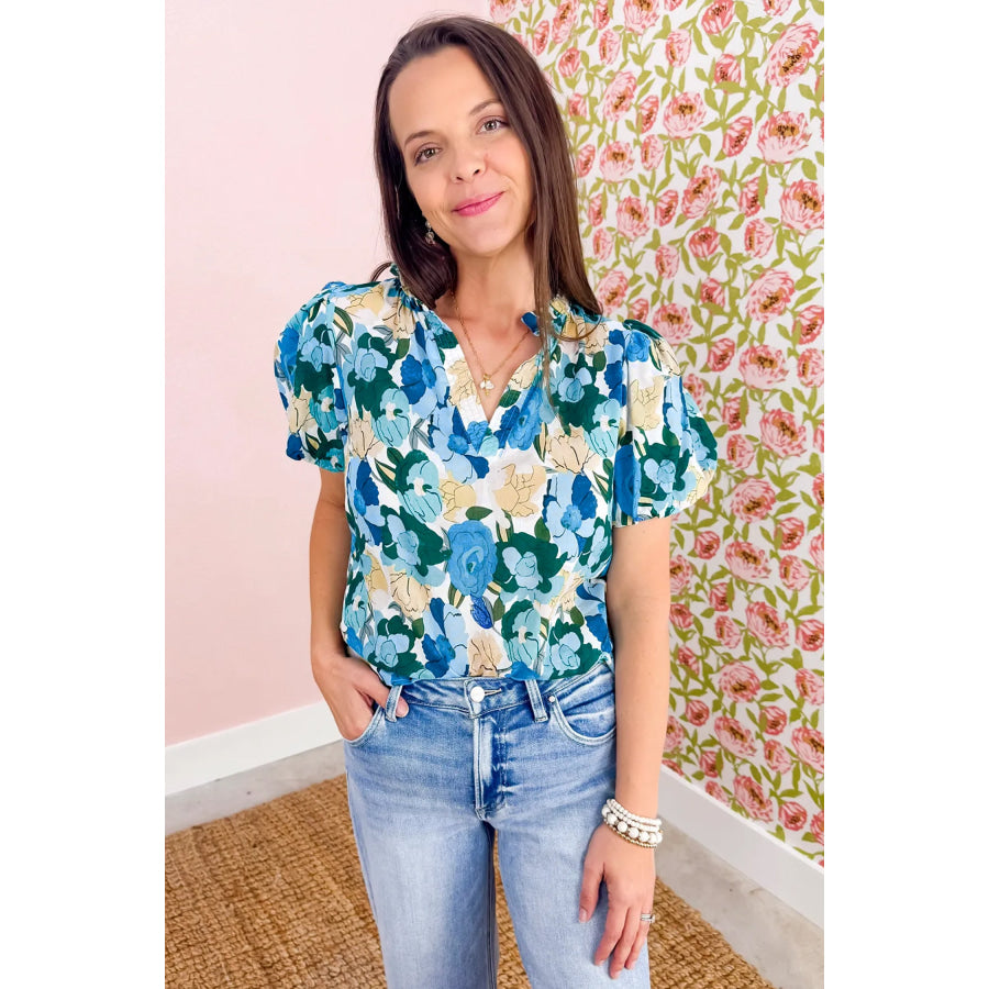 Sky Blue Floral Print Short Puff Sleeve V Neck Blouse Tops/Blouses & Shirts