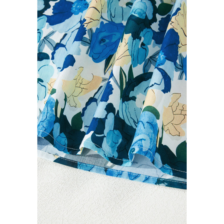 Sky Blue Floral Print Short Puff Sleeve V Neck Blouse Tops/Blouses & Shirts