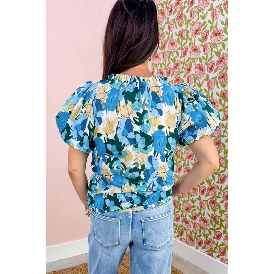Sky Blue Floral Print Short Puff Sleeve V Neck Blouse Tops/Blouses & Shirts