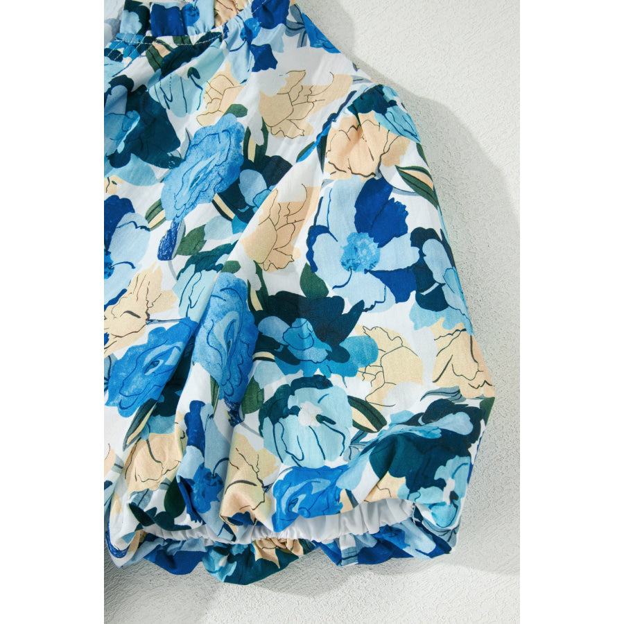 Sky Blue Floral Print Short Puff Sleeve V Neck Blouse Tops/Blouses & Shirts