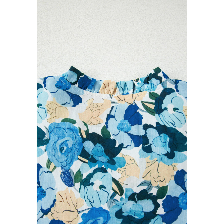 Sky Blue Floral Print Short Puff Sleeve V Neck Blouse Tops/Blouses & Shirts