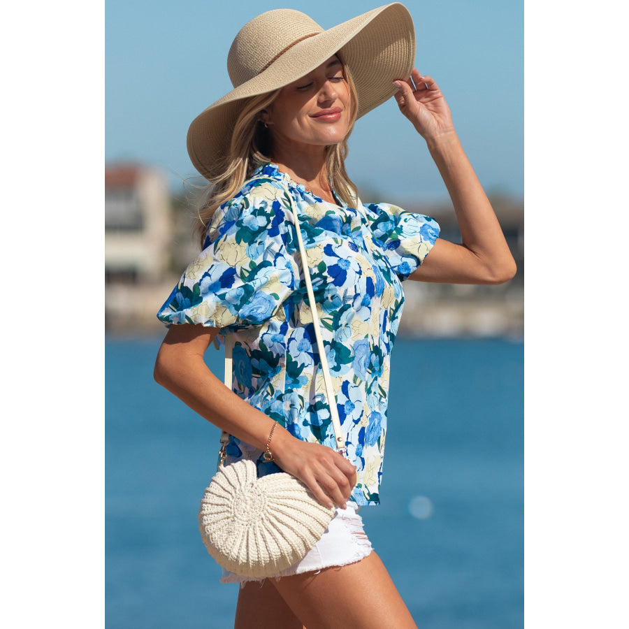 Sky Blue Floral Print Short Puff Sleeve V Neck Blouse Tops/Blouses & Shirts