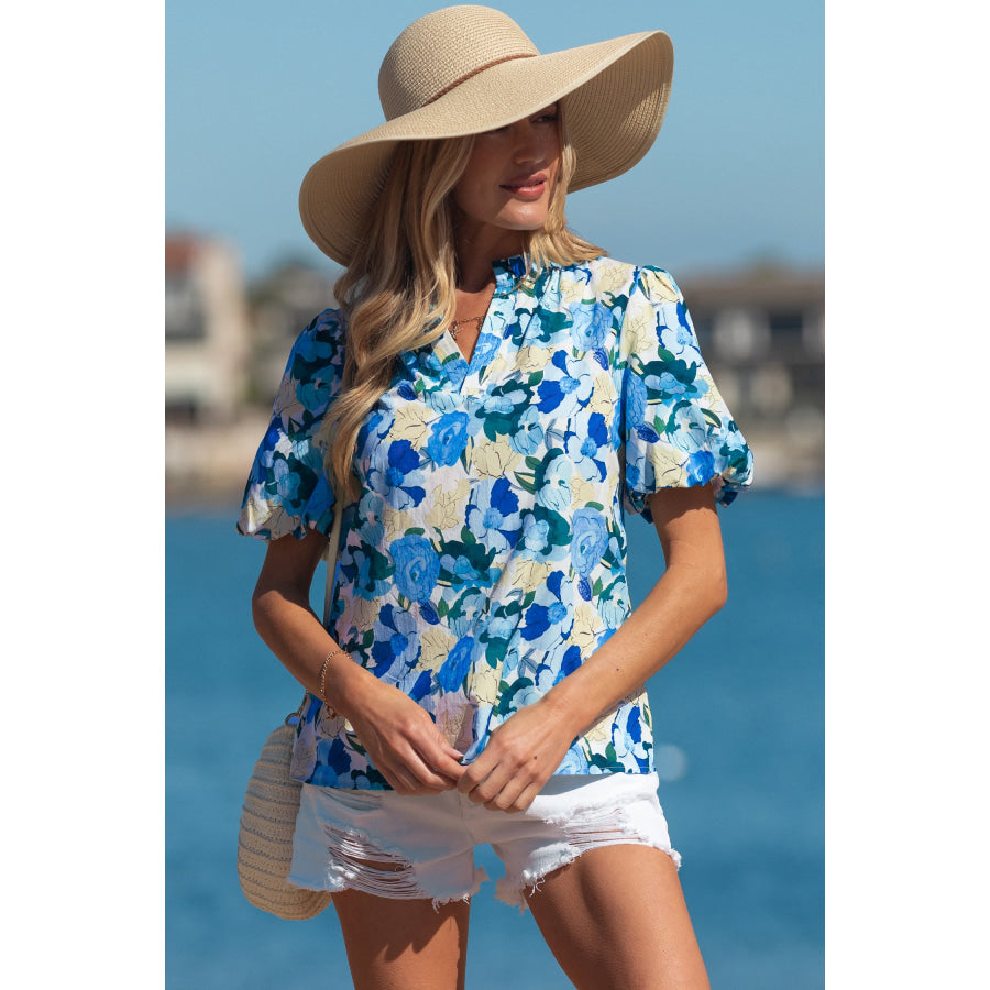 Sky Blue Floral Print Short Puff Sleeve V Neck Blouse Tops/Blouses & Shirts