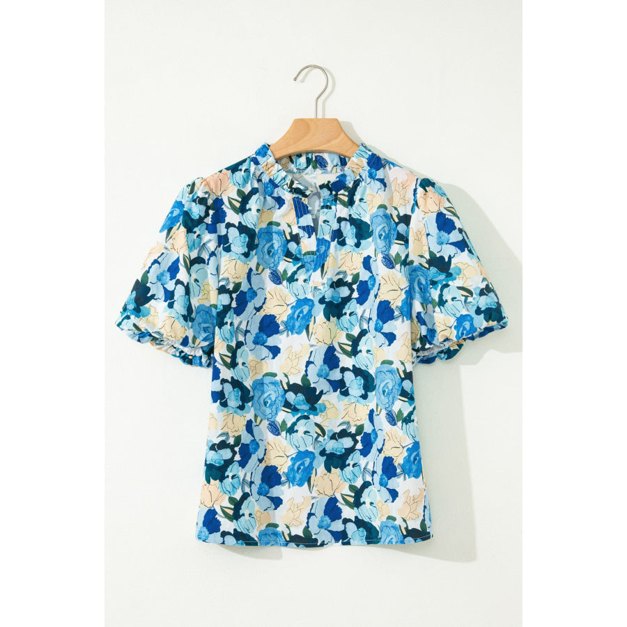 Sky Blue Floral Print Short Puff Sleeve V Neck Blouse Tops/Blouses & Shirts
