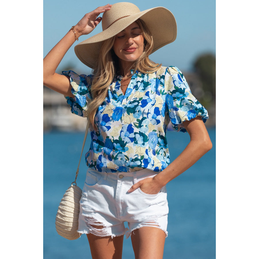 Sky Blue Floral Print Short Puff Sleeve V Neck Blouse Tops/Blouses & Shirts