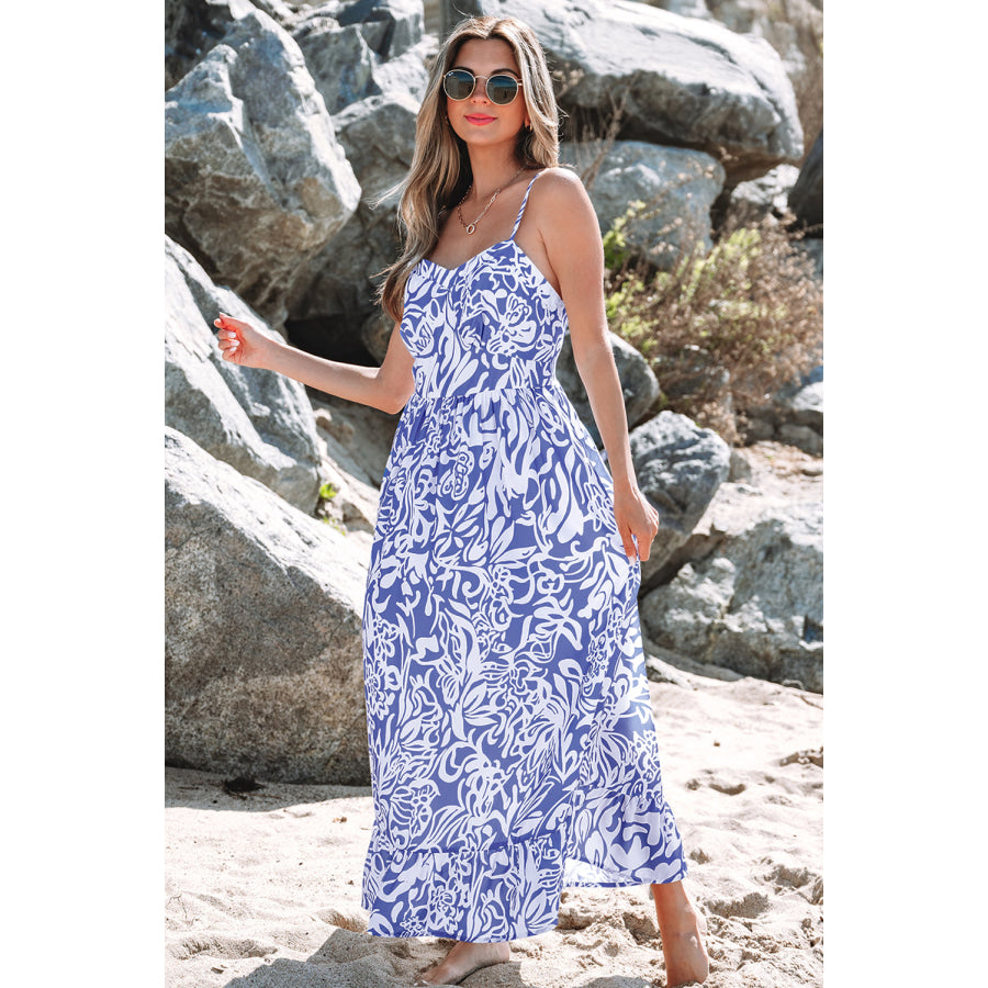Sky Blue Floral Print Spaghetti Strap High Waist Maxi Dress Dresses/Floral Dresses