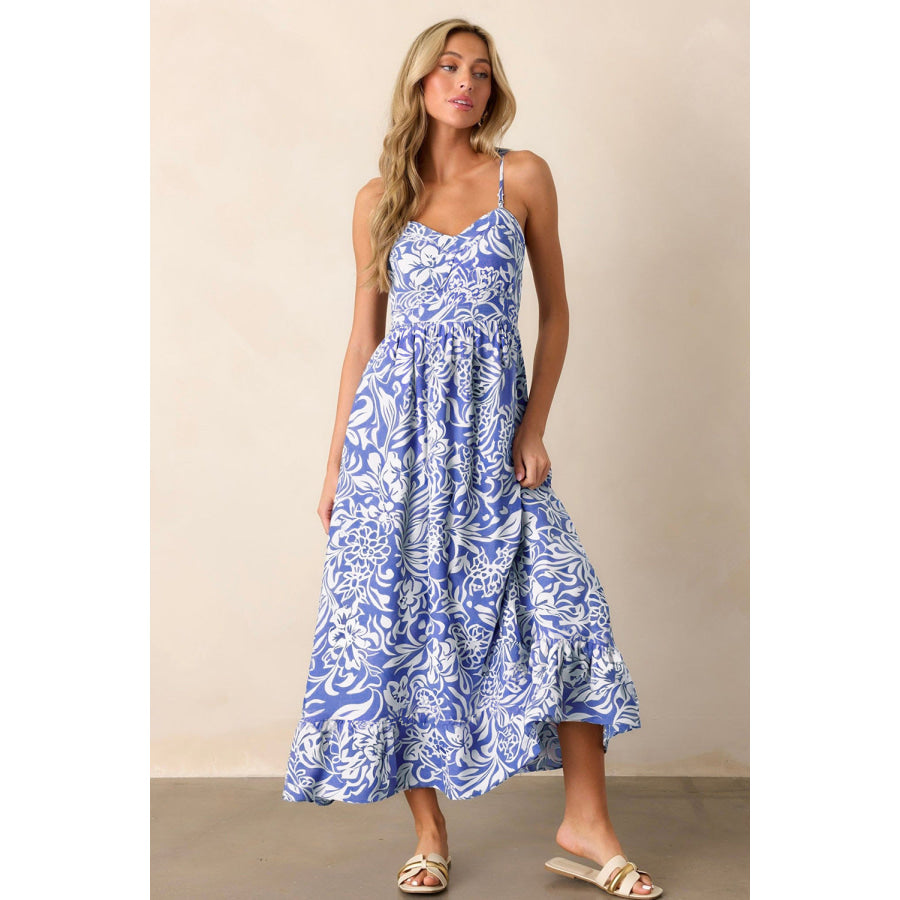 Sky Blue Floral Print Spaghetti Strap High Waist Maxi Dress Dresses/Floral Dresses