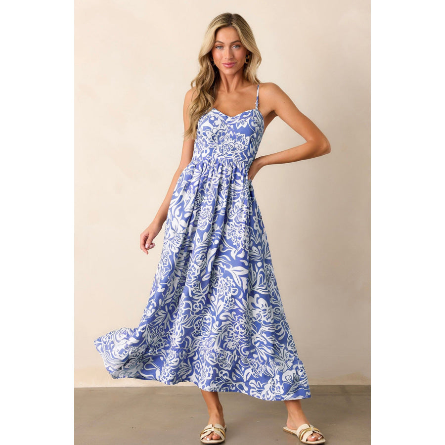 Sky Blue Floral Print Spaghetti Strap High Waist Maxi Dress Dresses/Floral Dresses
