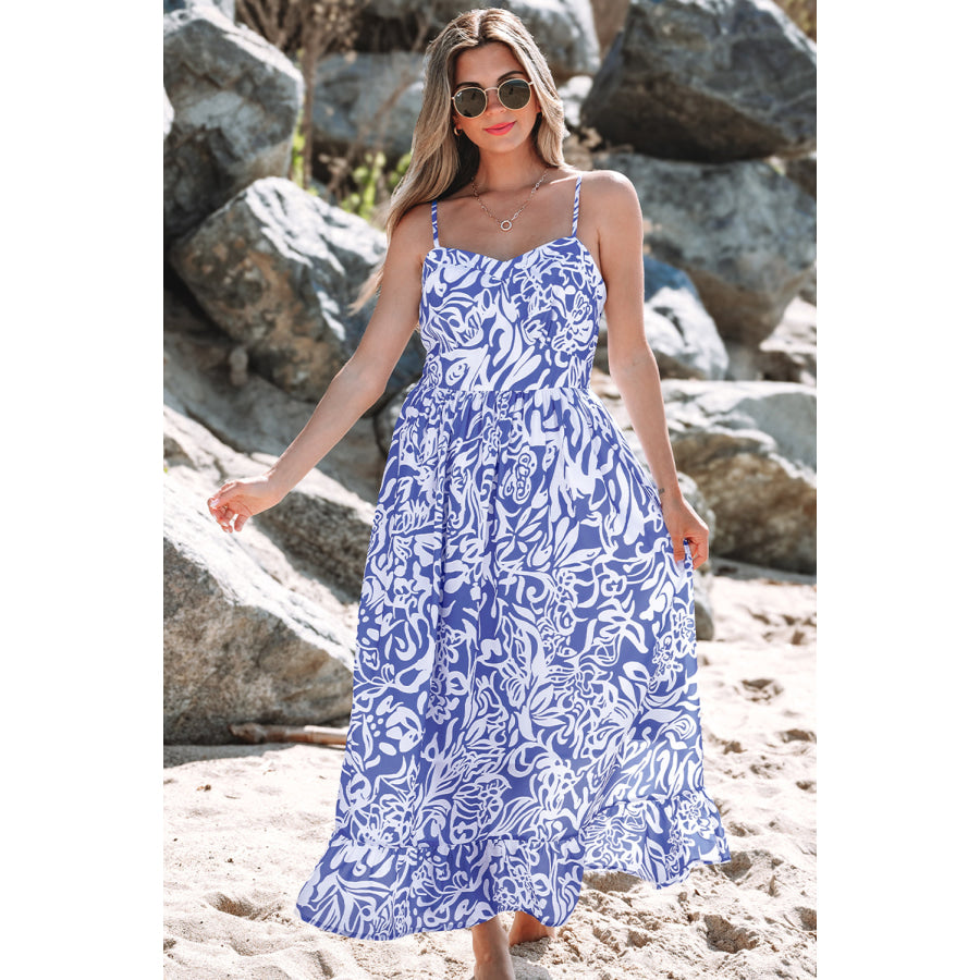 Sky Blue Floral Print Spaghetti Strap High Waist Maxi Dress Dresses/Floral Dresses