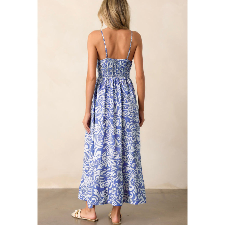 Sky Blue Floral Print Spaghetti Strap High Waist Maxi Dress Sky Blue / S / 100% Polyester Dresses/Floral Dresses