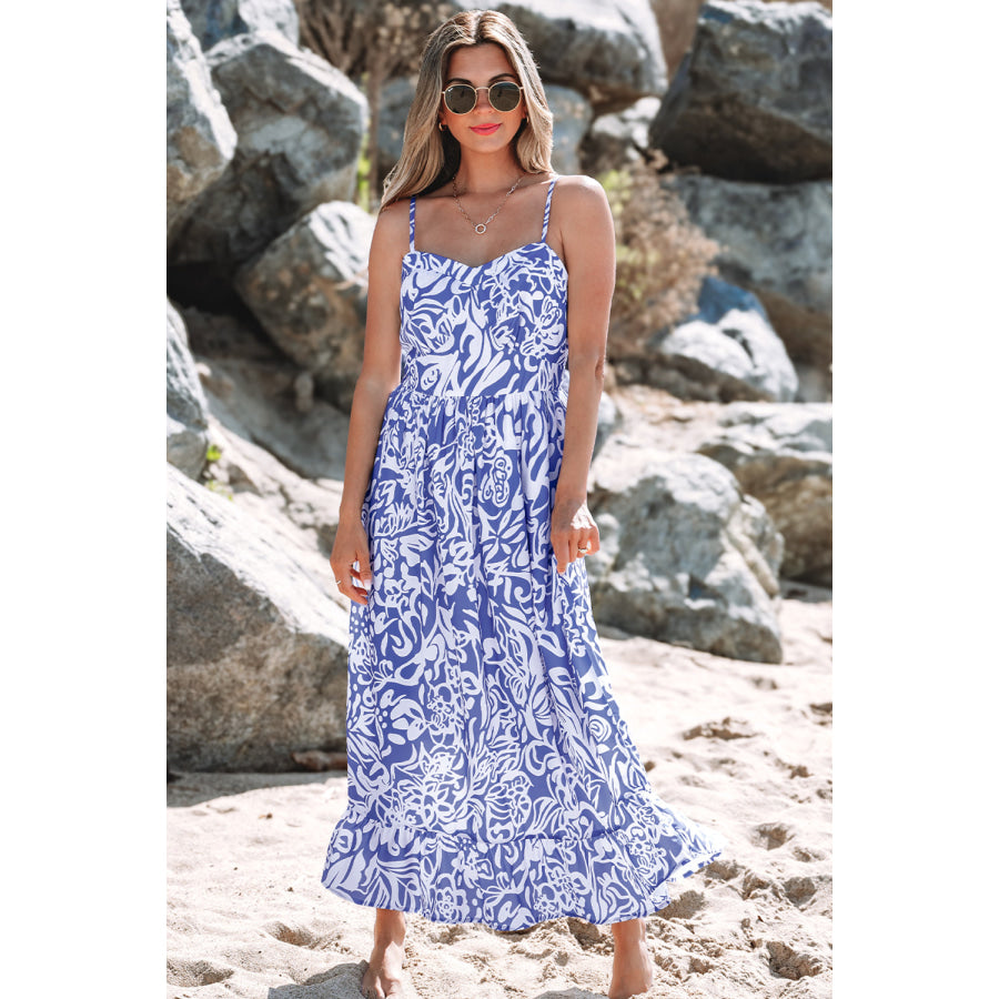 Sky Blue Floral Print Spaghetti Strap High Waist Maxi Dress Dresses/Floral Dresses