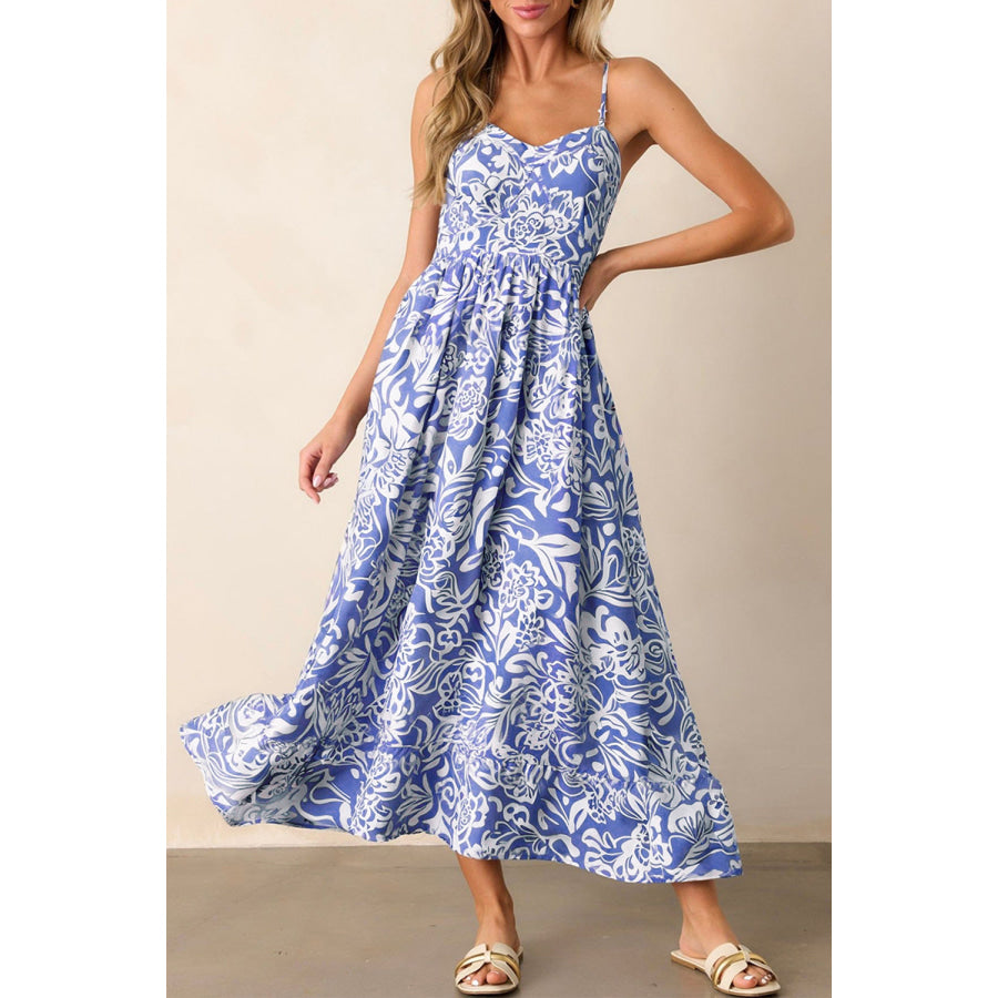 Sky Blue Floral Print Spaghetti Strap High Waist Maxi Dress Sky Blue / S / 100% Polyester Dresses/Floral Dresses