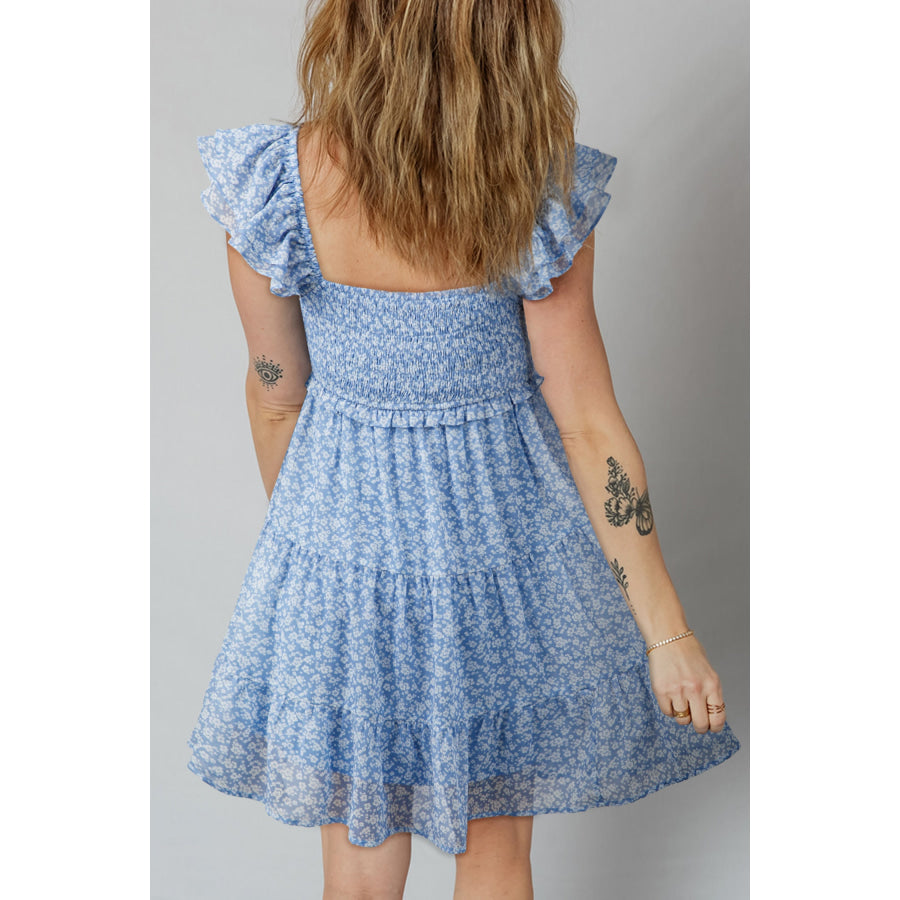 Sky Blue Floral Print Square Neck Flutter Sleeve Smocked Tiered Mini Dress Sky Blue / S / 100% Polyester Dresses/Floral Dresses
