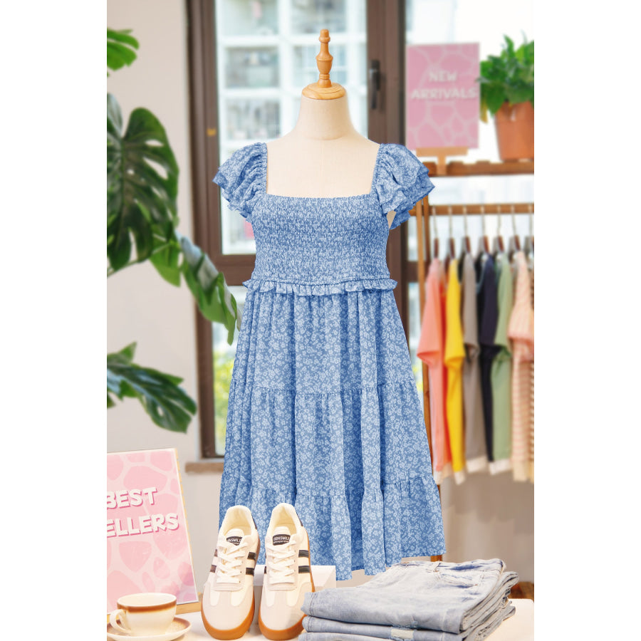 Sky Blue Floral Print Square Neck Flutter Sleeve Smocked Tiered Mini Dress Dresses/Floral Dresses