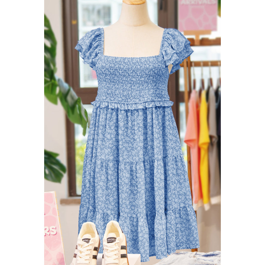 Sky Blue Floral Print Square Neck Flutter Sleeve Smocked Tiered Mini Dress Dresses/Floral Dresses