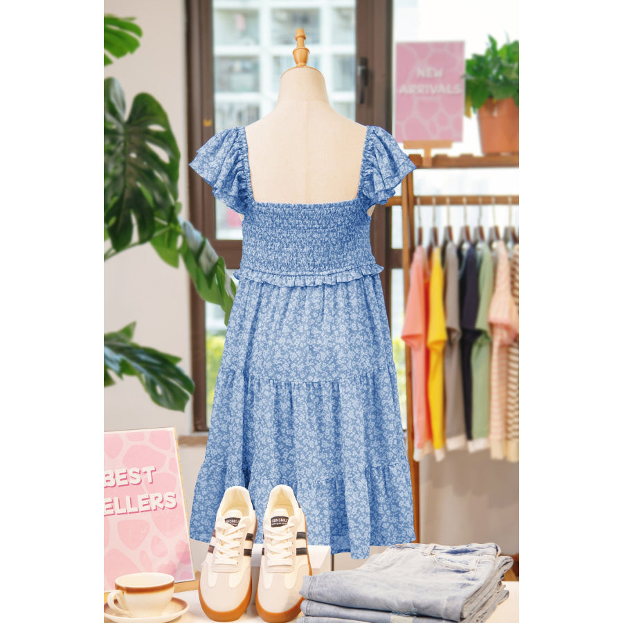 Sky Blue Floral Print Square Neck Flutter Sleeve Smocked Tiered Mini Dress Dresses/Floral Dresses