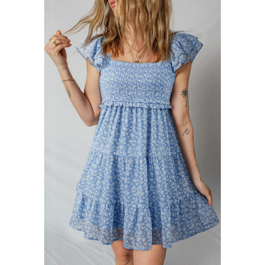 Sky Blue Floral Print Square Neck Flutter Sleeve Smocked Tiered Mini Dress Sky Blue / S / 100% Polyester Dresses/Floral Dresses