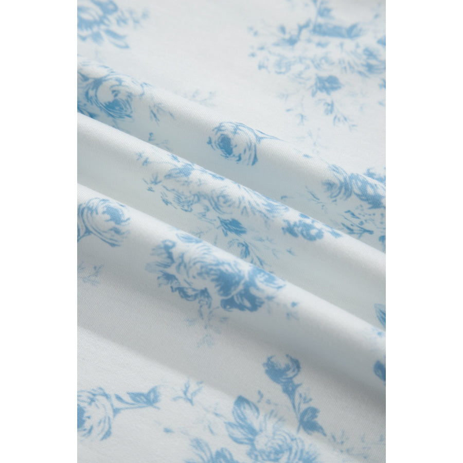 Sky Blue Floral Print Striped Detail Long Sleeve Top Ruffle Hem Shorts 2pcs Set Two Piece Sets/Short Sets