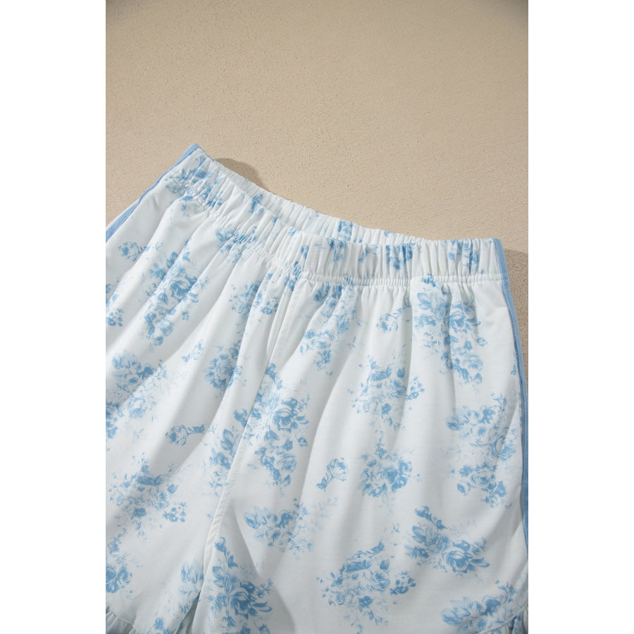 Sky Blue Floral Print Striped Detail Long Sleeve Top Ruffle Hem Shorts 2pcs Set Two Piece Sets/Short Sets
