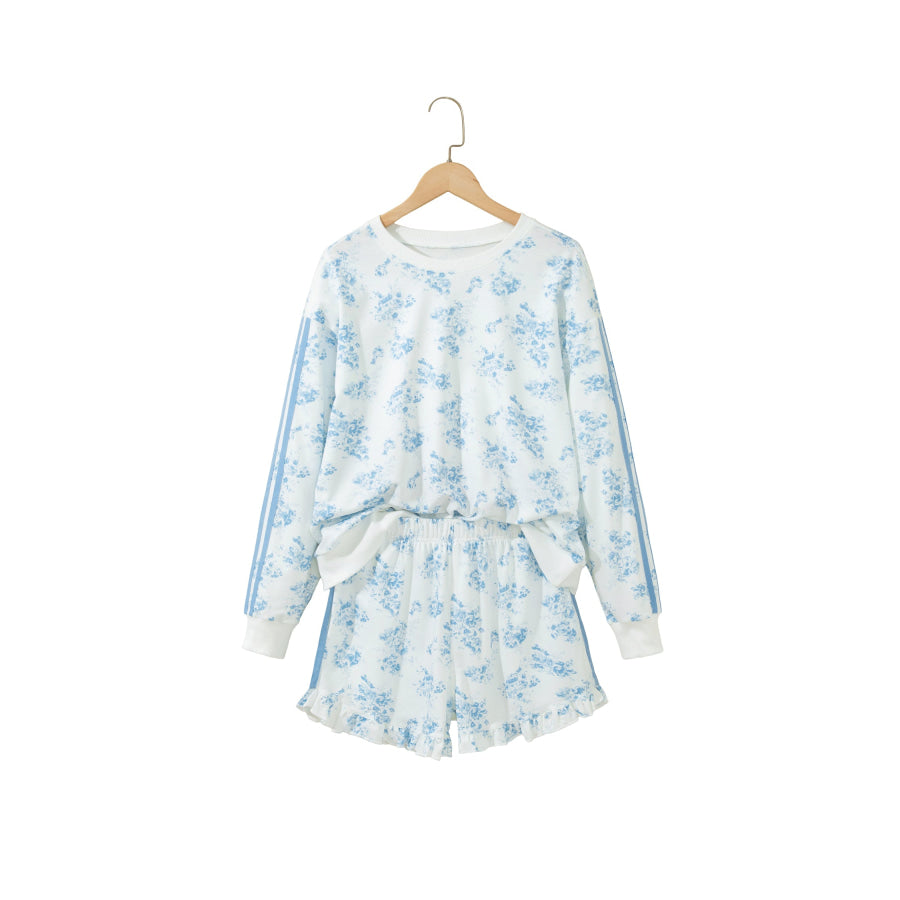 Sky Blue Floral Print Striped Detail Long Sleeve Top Ruffle Hem Shorts 2pcs Set Two Piece Sets/Short Sets