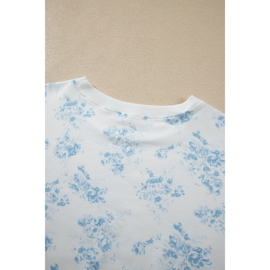 Sky Blue Floral Print Striped Detail Long Sleeve Top Ruffle Hem Shorts 2pcs Set Two Piece Sets/Short Sets