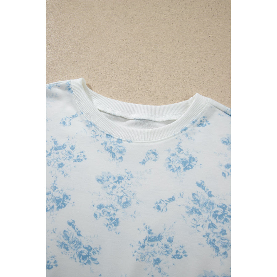 Sky Blue Floral Print Striped Detail Long Sleeve Top Ruffle Hem Shorts 2pcs Set Two Piece Sets/Short Sets
